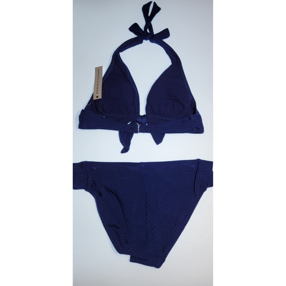 Robin Piccone Bikini Swim Top V-Neck Color Blue Bottom Mid Rise Solid Sz M # 23 - Picture 4 of 9